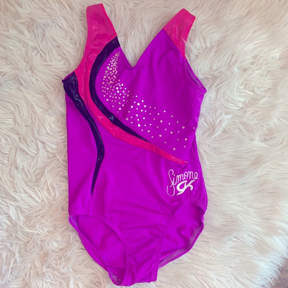 GK x Simone Biles gymnastics/dance leotard, kids large, purple pink and black